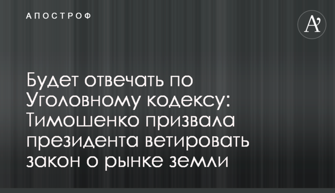 Будет отвечать по Уголовному кодексу: Тимошенко призвала президента ветировать закон о рынке земли