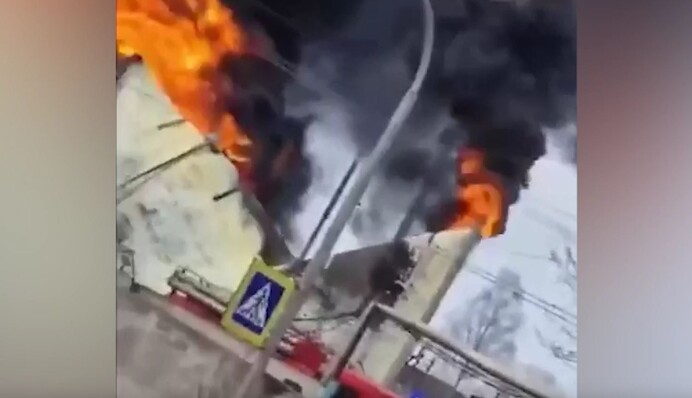 Fuel tanks are burning at a plant in Russia, that was attacked by UAVs for the second time this morning, photo