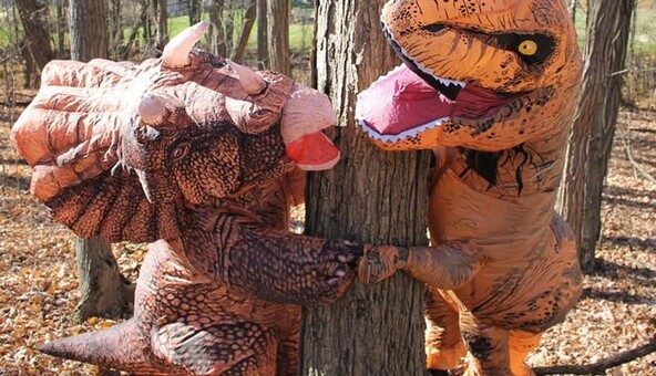 Пара устроила романтическую фотосессию в костюмах динозавров, и это лучшая идея влюбленных