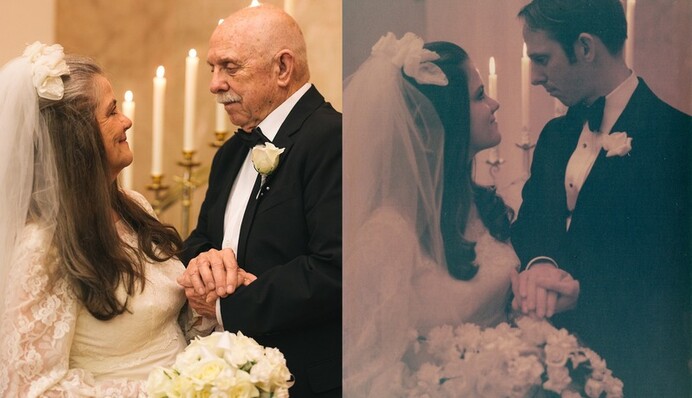 Пожилая пара повторила свою свадебную фотосессию спустя 50 лет брака, и она такая же трогательная