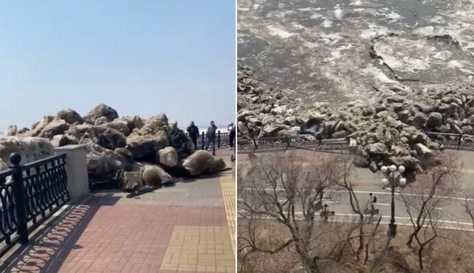 В России глыбы льда поползли на набережную и сломали ограждение - эти кадры будто из фильма-катастрофы