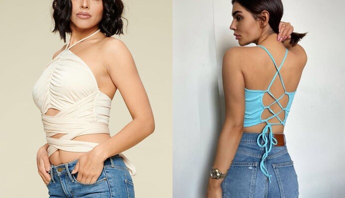 В трендах лета - стильные топы-хальтеры: вот 7 стильных луков под юбку и джинсы