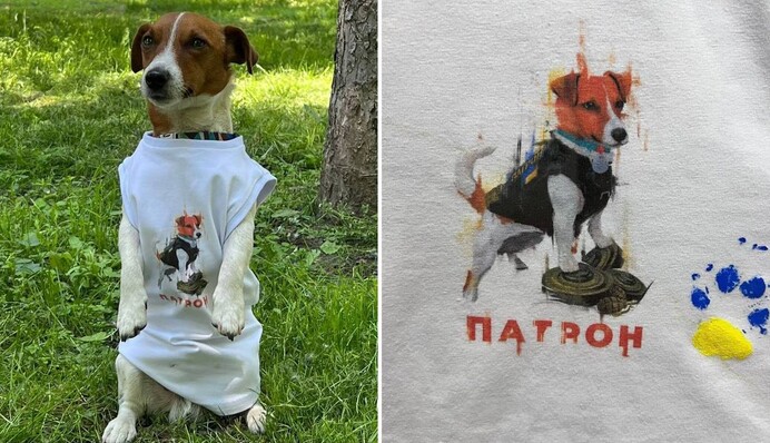 Пес Патрон продает свою единственную футболку, чтобы помочь пострадавшим от войны животным