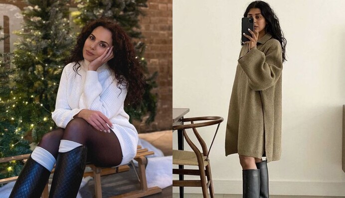Настя Каменских и Лида Ли показались в вязаных платьях-свитерах - теплом тренде 2023 года: фото