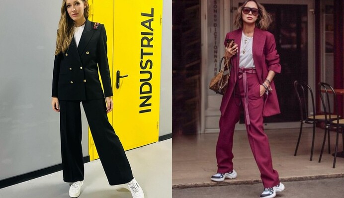 Как носить трендовый брючный костюм с кроссовками показала Катя Осадчая: фото