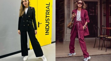 Як носити трендовий брючний костюм з кросівками показала Катя Осадча: фото