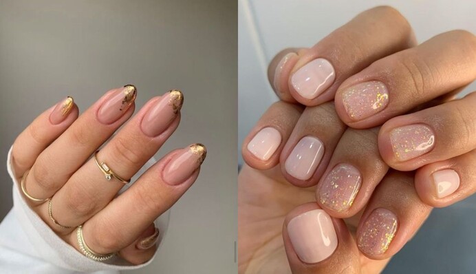 Нежный нюдовый маникюр с праздничными элементами: идеи ногтей к Новому году 2024