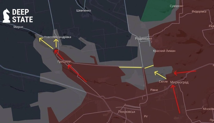 DeepState: російські війська тиснуть на Мирноград, Гришине майже під окупацією
