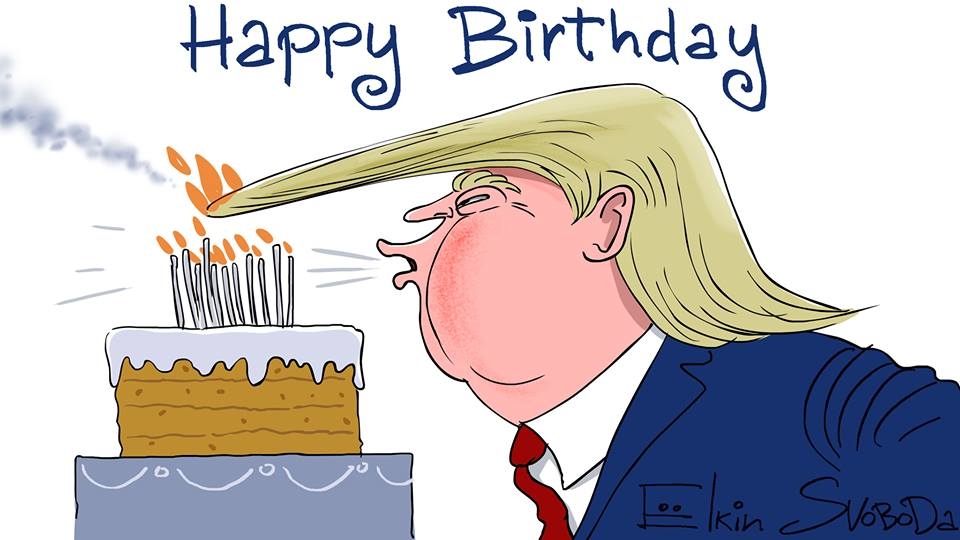 Sergey Elkin funny cartoon Trump congratulated on his birthday 1faaf409b9cdb6ae48fa498f31ab83a5